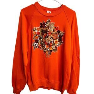 Vintage Handmade Jerzees Fall Halloween Leaves Orange Grandma Sweater Size‎ XL